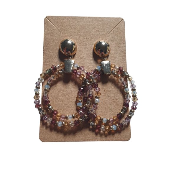 Beaded Hoop Earrings Gold Tone Vintage Earrings Womens Jewelry Costume Purple - Picture 3 of 7